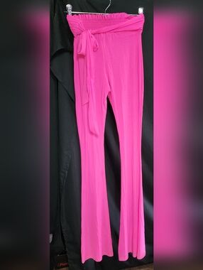 High-Waist Tie Belt Sheer Pink Flare Pants